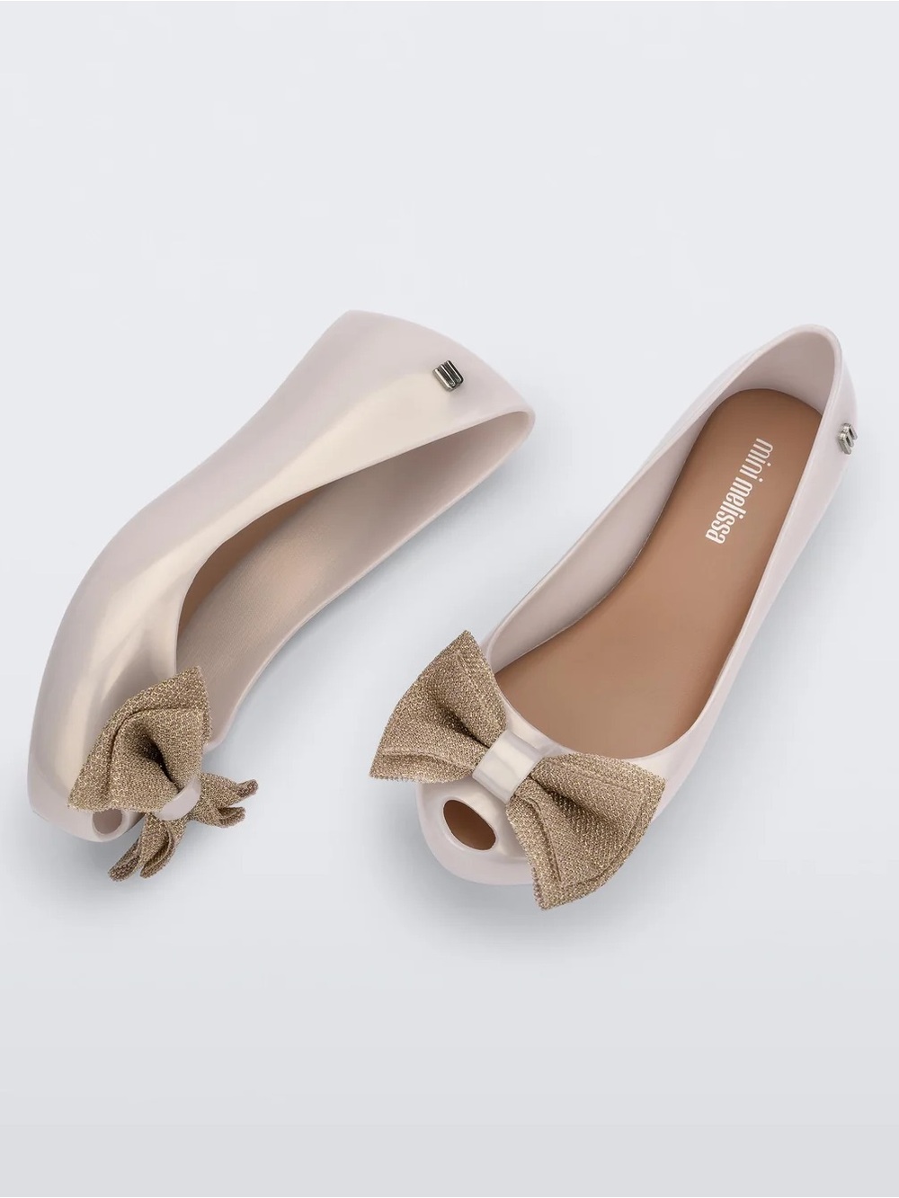Mini Melissa Blush Peep-Toe Jelly Flats with Gold Bow
